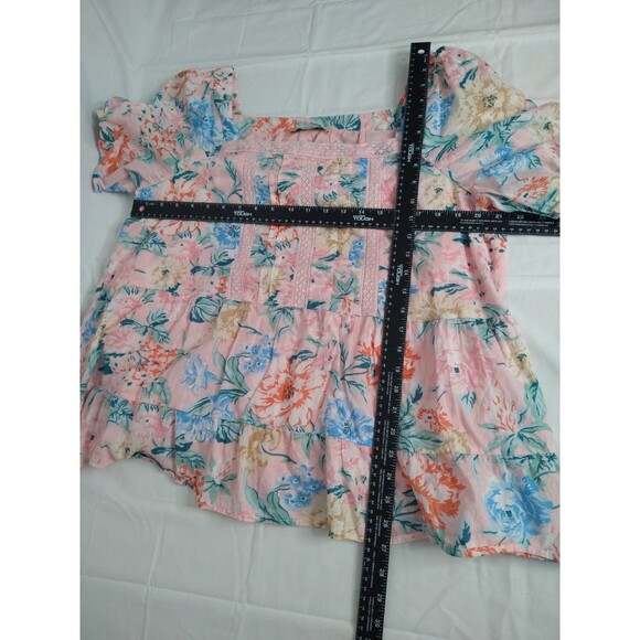 Loft Top XXL Pink Floral Puff Sleeve Popover Blouse Lace Tiered Country Cottage - Picture 7 of 8